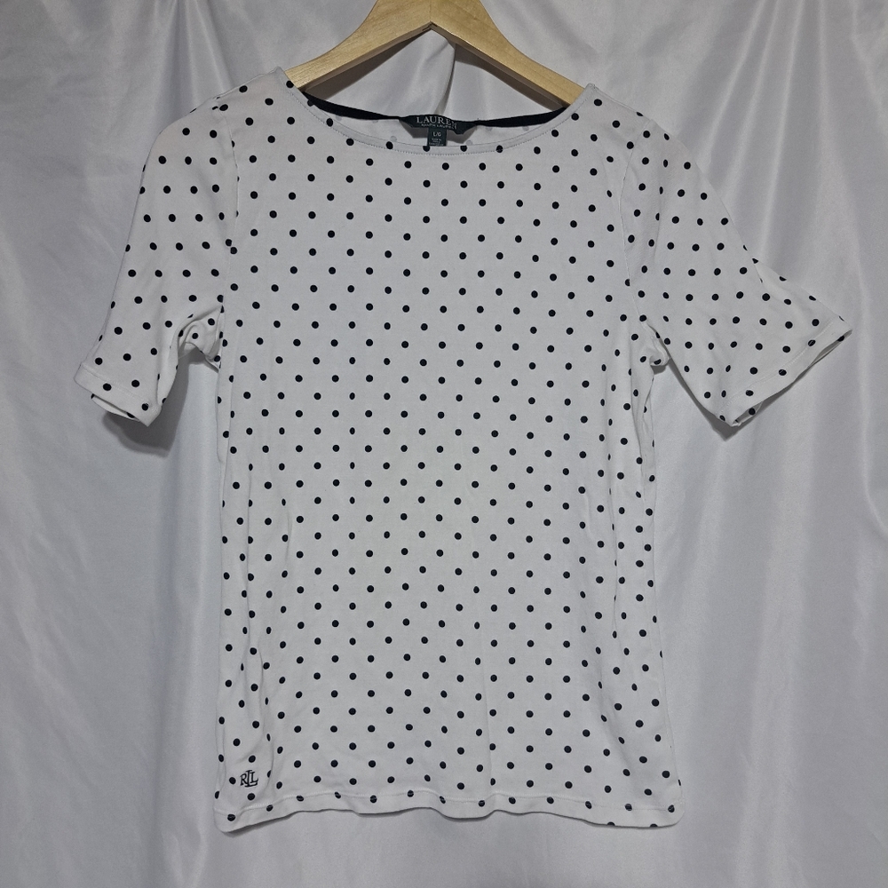 Lauren Ralph Lauren Womens Large White Black Polka Dot Short‎ Sleeve Top